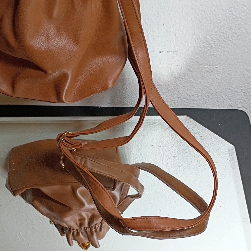 Brown Leather Snap Button Bag With Decorative Str… - image 2